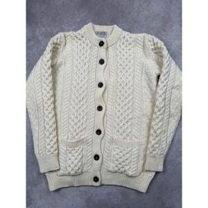 Blarney Woollen Mills Ireland Aran Cable Knit Wool Cardigan Sweater Cream Small